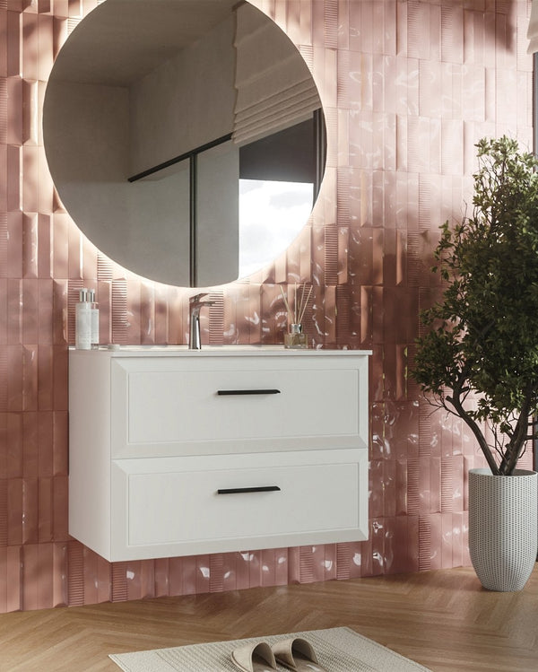 Mobile bagno bianco opaco 100x45 Praga lavabo in ceramica, dettaglio ravvicinato della finitura e del cassetto - Exagonshop