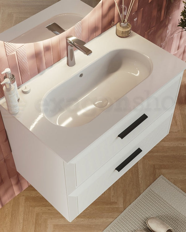 Mobile bagno bianco opaco 100x45 Praga lavabo in ceramica, vista dall'alto del piano con lavabo - Exagonshop