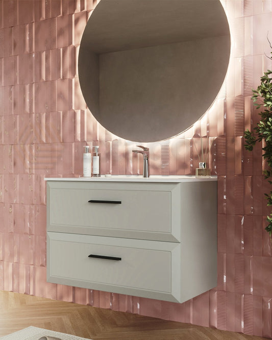 Mobile bagno grigio chiaro 100x45 Praga lavabo in ceramica ambientato in bagno moderno con specchio e accessori - Exagonshop