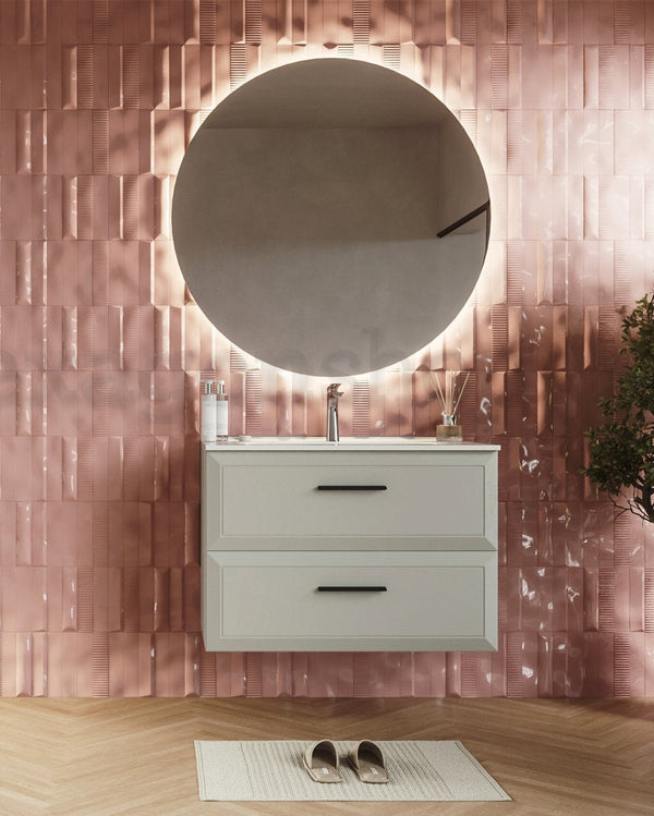 Mobile bagno grigio chiaro 100x45 Praga lavabo in ceramica, dettaglio ravvicinato della finitura e del cassetto - Exagonshop