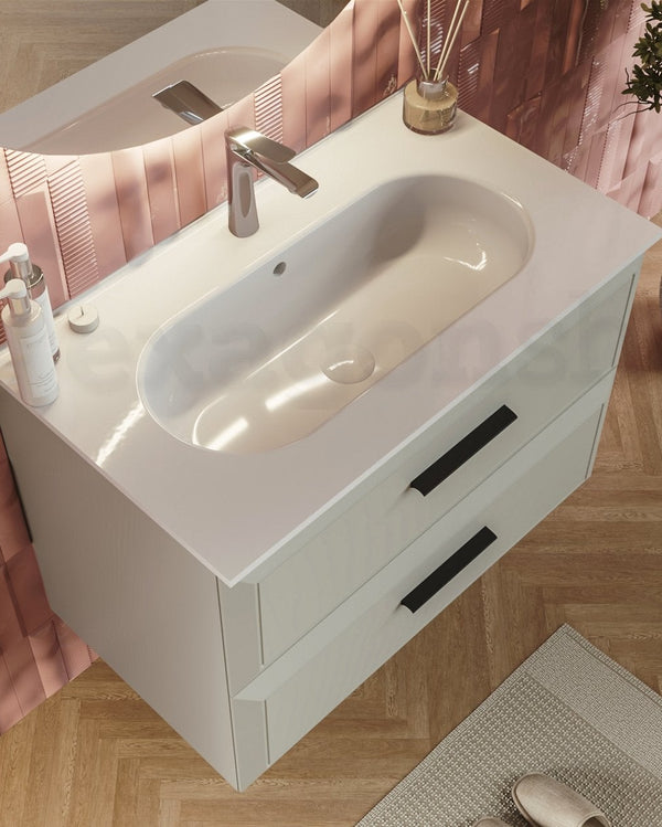 Mobile bagno grigio chiaro 100x45 Praga lavabo in ceramica, vista dall'alto del piano con lavabo - Exagonshop