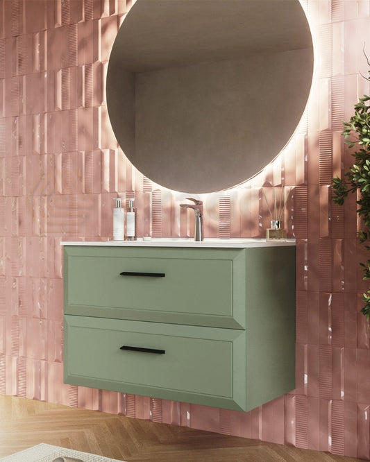 Mobile bagno muschio 100x45 Praga con lavabo in ceramica Musk ambientato in bagno moderno con specchio e accessori...