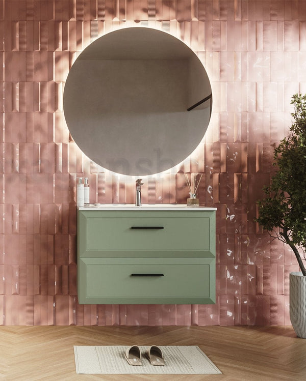 Mobile bagno muschio 100x45 Praga con lavabo in ceramica Musk, dettaglio ravvicinato della finitura e del cassetto...
