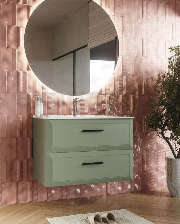 Mobile bagno muschio 100x45 Praga con lavabo in ceramica Musk, vista dall'alto del piano con lavabo - Exagonshop