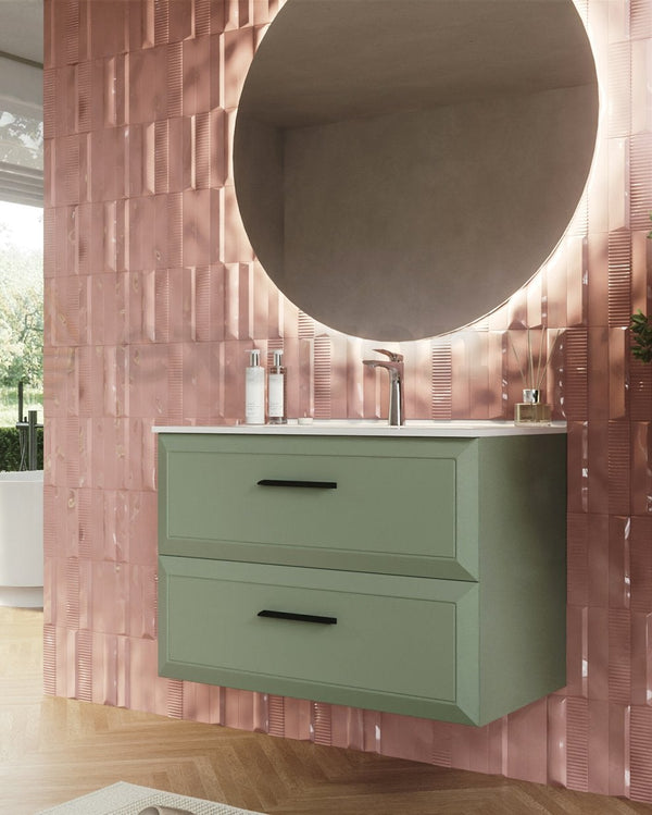 Mobile bagno muschio 100x45 Praga con lavabo in ceramica Musk con lavabo e rubinetteria, vista frontale su sfondo neutro...