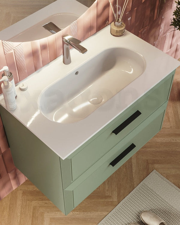 Mobile bagno muschio 100x45 Praga con lavabo in ceramica Musk, vista laterale della struttura sospesa - Exagonshop