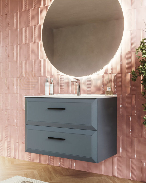 Mobile bagno sky blue 100x45 Praga lavabo in ceramica lucido ambientato in bagno moderno con specchio e accessori...