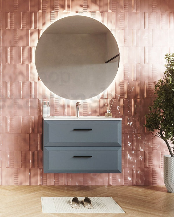 Mobile bagno sky blue 100x45 Praga lavabo in ceramica lucido, dettaglio ravvicinato della finitura e del cassetto...