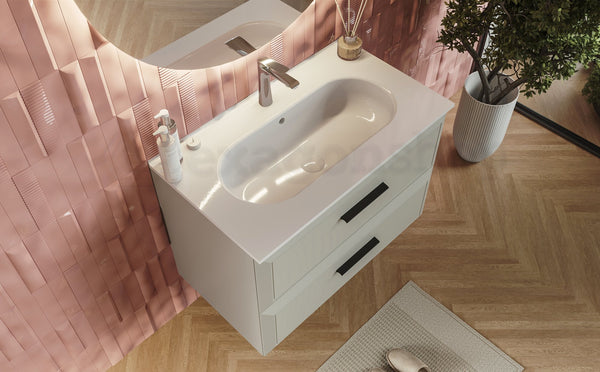 Mobile bagno grigio chiaro 80x45 Praga due cassetti soft close con lavabo in ceramica