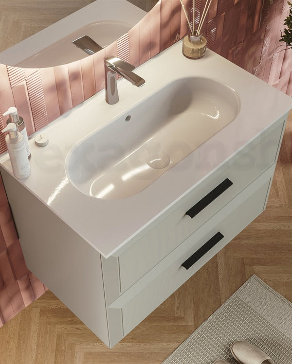 Mobile bagno grigio chiaro 80x45 Praga lavabo in ceramica, vista dall'alto del piano con lavabo - Exagonshop