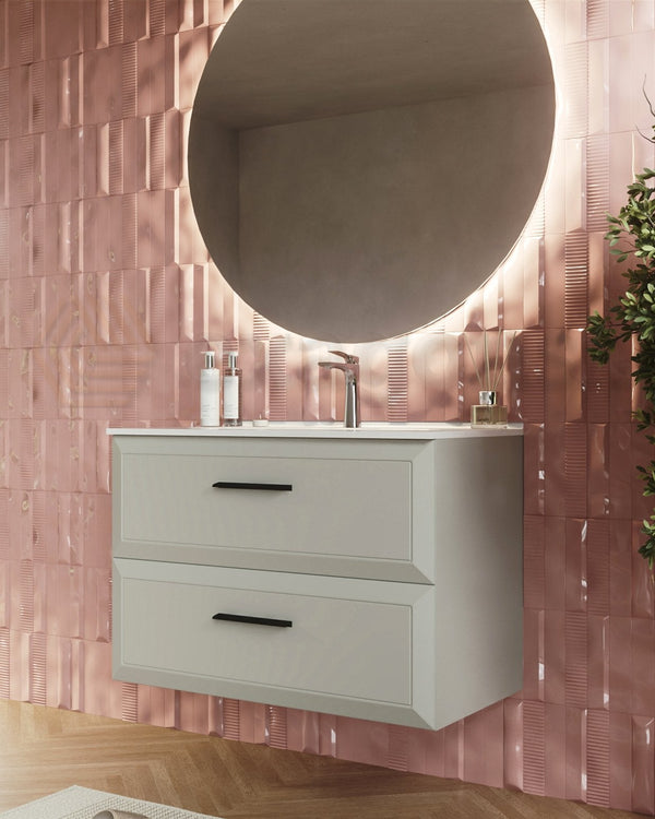 Mobile bagno grigio chiaro 80x45 Praga lavabo in ceramica ambientato in bagno moderno con specchio e accessori - Exagonshop