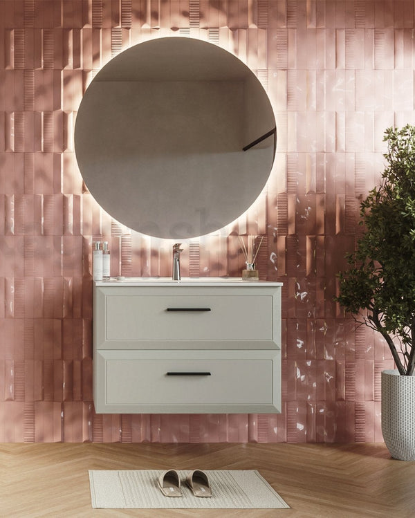 Mobile bagno grigio chiaro 80x45 Praga lavabo in ceramica, dettaglio ravvicinato della finitura e del cassetto - Exagonshop