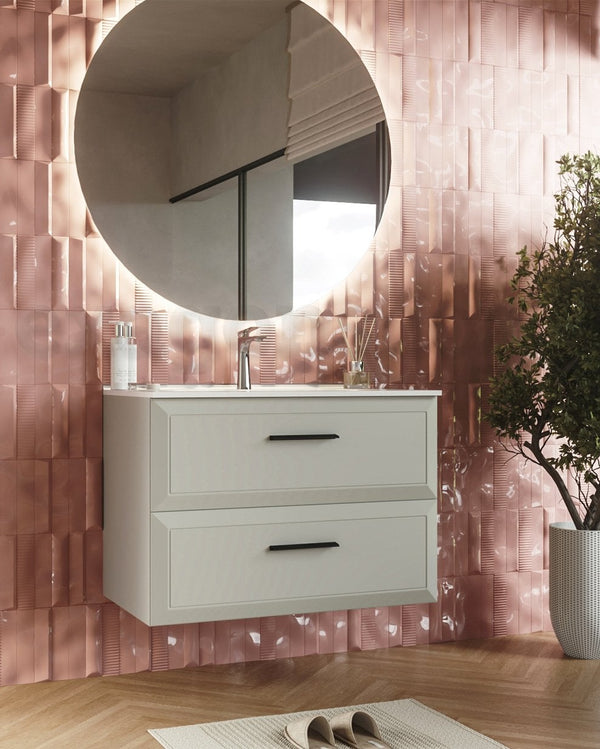 Mobile bagno grigio chiaro 80x45 Praga lavabo in ceramica, vista laterale della struttura sospesa - Exagonshop