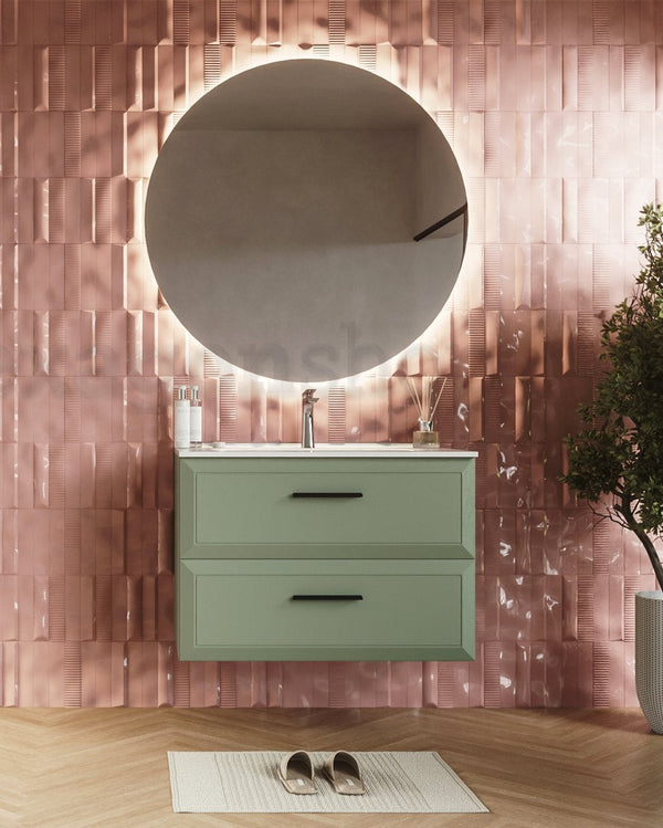 Mobile bagno muschio 80x45 Praga lavabo in ceramica lucido, dettaglio ravvicinato della finitura e del cassetto - Exagonshop