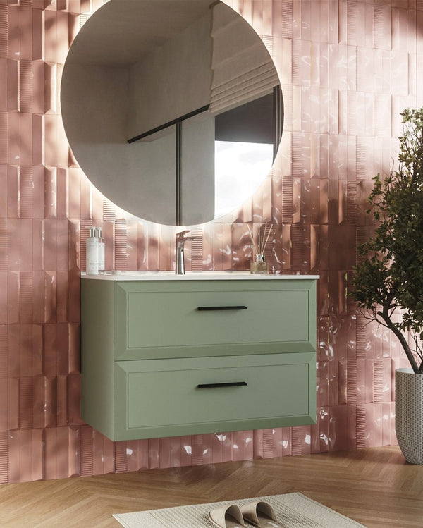 Mobile bagno muschio 80x45 Praga lavabo in ceramica lucido, vista laterale della struttura sospesa - Exagonshop