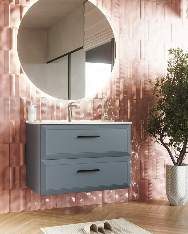 Mobile bagno sky blue 80x45 Praga lavabo in ceramica lucido, dettaglio ravvicinato della finitura e del cassetto - Exagonshop