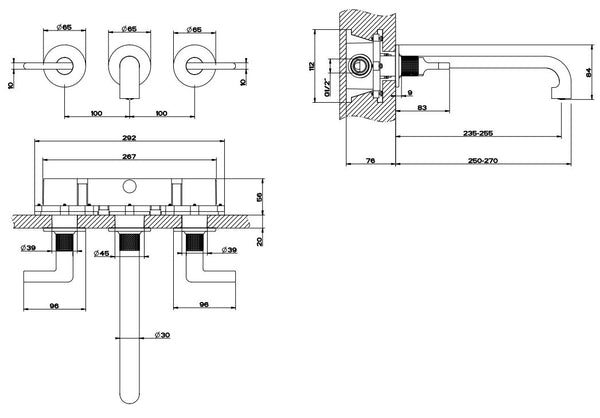 Gessi Inciso Parte esterna gruppo lavabo a parete 3 fori parte incasso non inclusa matte black xl
