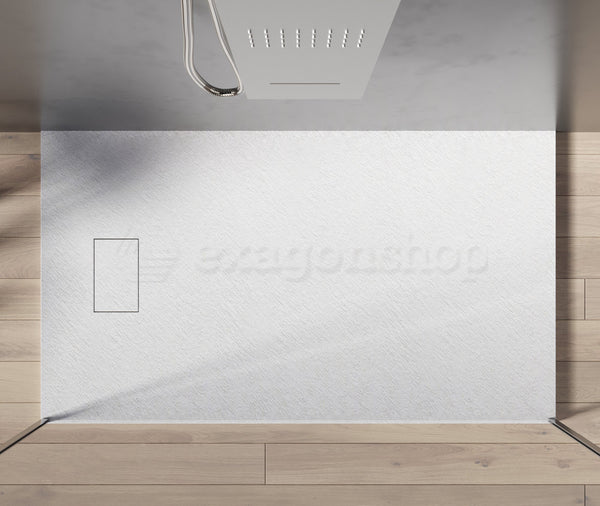 Quarzo piatto doccia 80x140 effetto pietra ardesia bianco in smc con piletta e copripiletta