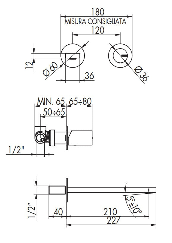 Bellosta Ludo Miscelatore Lavabo Da Parete Bocca 210 Mm senza parte incasso Cromo