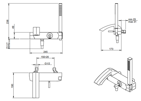 Treemme Arche IT0200CCAHZZ miscelatore monocomando esterno vasca con doccetta cromo