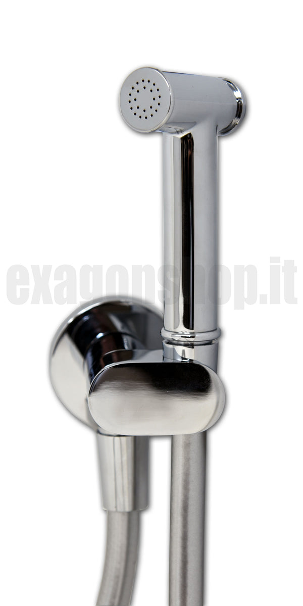 Neptune idroscopino bidet con flessibile silver cromo, dettaglio ravvicinato della finitura e del marchio - Exagonshop
