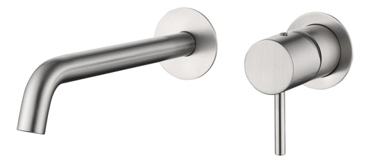 Rubinetto lavabo da incasso a muro nichel spazzolato Memo visto dall'alto con scarico e interno visibili - Exagonshop