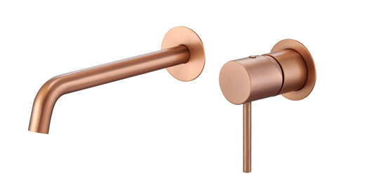 Rubinetto lavabo da incasso a muro oro rosa spazzolato Memo visto dall'alto con scarico e interno visibili - Exagonshop