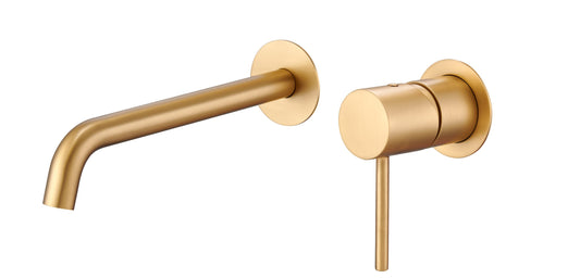 Rubinetto lavabo da incasso a muro in oro spazzolato Memo visto dall'alto con scarico e interno visibili - Exagonshop