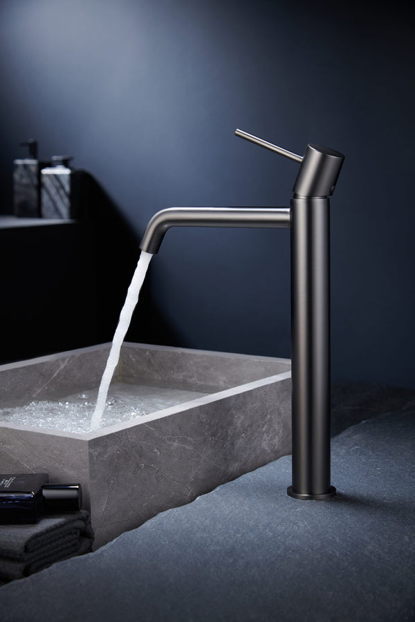 Rubinetto alto per ciotola senza scarico ottone grigio, vista laterale del profilo e della forma - Exagonshop