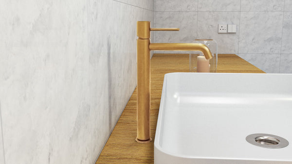 Coppia rubinetti lavabo alto e bidet senza scarico oro spazzolato Memo