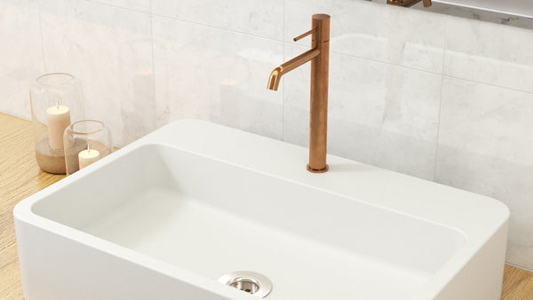 Rubinetto miscelatore alto per lavabo senza scarico in ottone oro rosa spazzolato Memo