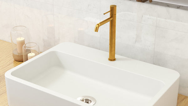 Coppia rubinetti lavabo alto e bidet senza scarico oro spazzolato Memo