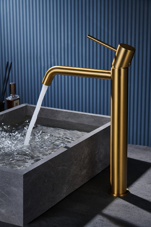 Rubinetto miscelatore alto per lavabo senza scarico in ottone oro spazzolato Memo