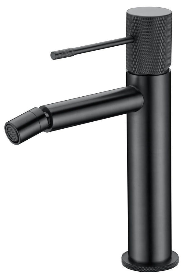 Rubinetto bidet senza scarico in ottone grigio metallico, dettaglio ravvicinato della finitura e del marchio - Exagonshop