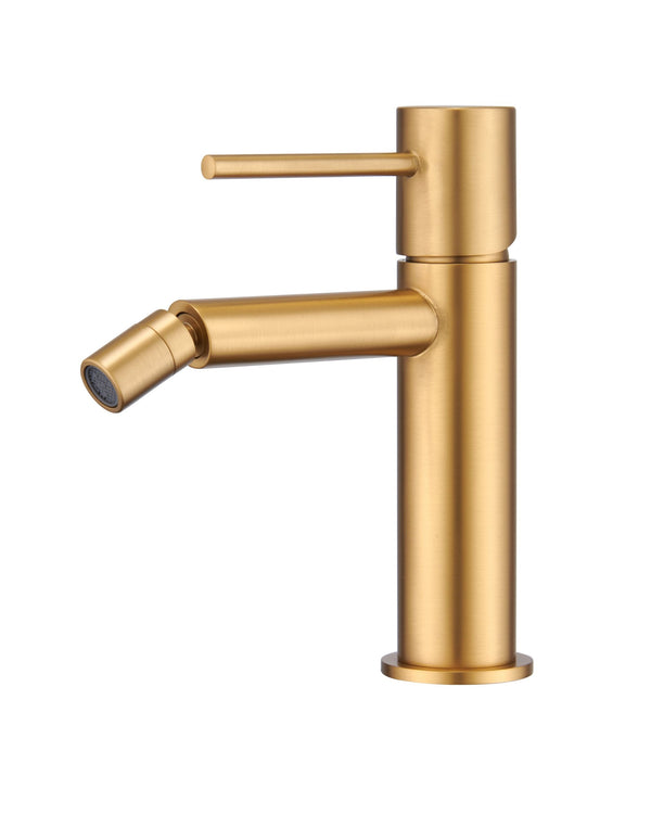 Coppia rubinetti lavabo alto e bidet senza scarico oro Oro Mat ambientato su piano bagno con accessori - Exagonshop