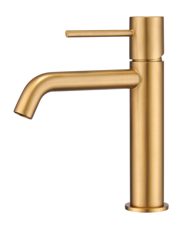 Rubinetto lavabo senza scarico in ottone oro spazzolato Memo Oro Mat, vista frontale su sfondo bianco - Exagonshop