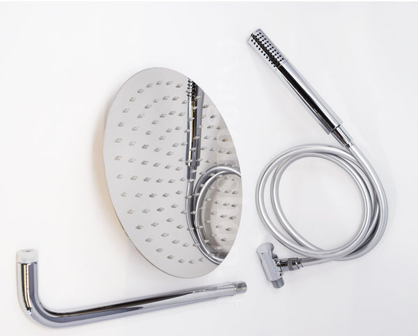 Kit doccia con soffione 30 cm tondo braccio doccetta con flessibile in pvc e presa acqua con supporto in acciaio cromo