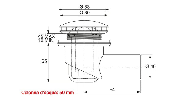 Piletta per piatti doccia scarico 40 mm Francesino 83 ambientato in box doccia con pareti in vetro - Exagonshop
