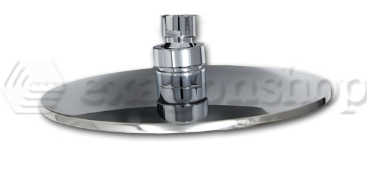 Soffione doccia 20 cm 6,5 mm tondo in acciaio cromo lucido, dettaglio ravvicinato della finitura e del marchio - Exagonshop