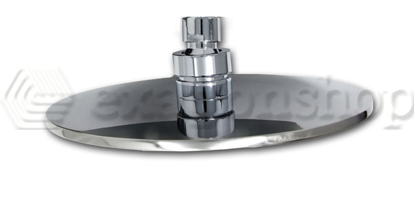 Soffione doccia 20 cm 6,5 mm tondo in acciaio cromo lucido, dettaglio ravvicinato della finitura e del marchio - Exagonshop
