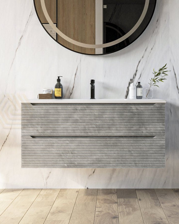 Mobile bagno grigio 100x45 San Marino con lavabo in ambientato in bagno moderno con specchio e accessori - Exagonshop