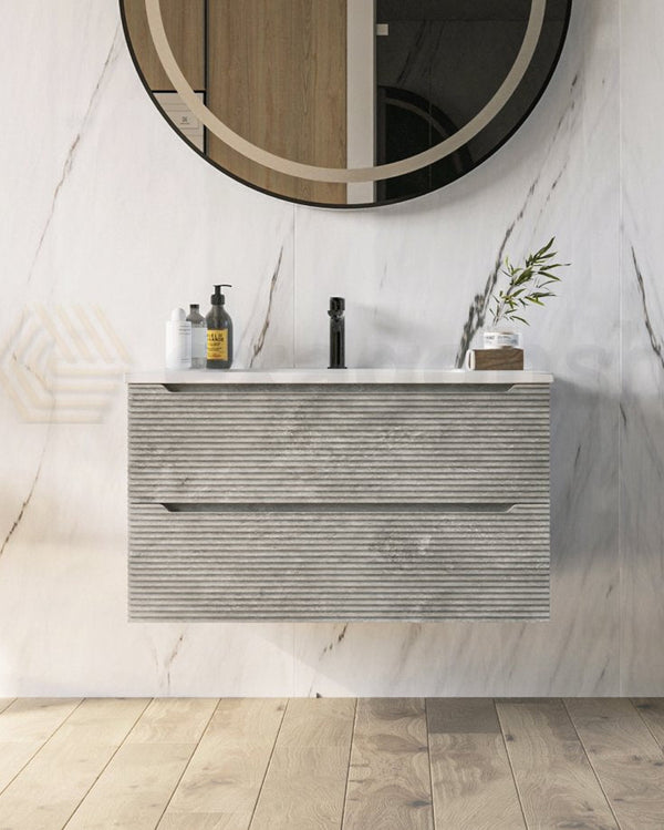 Mobile bagno grigio 80x45 San Marino con lavabo in ambientato in bagno moderno con specchio e accessori - Exagonshop