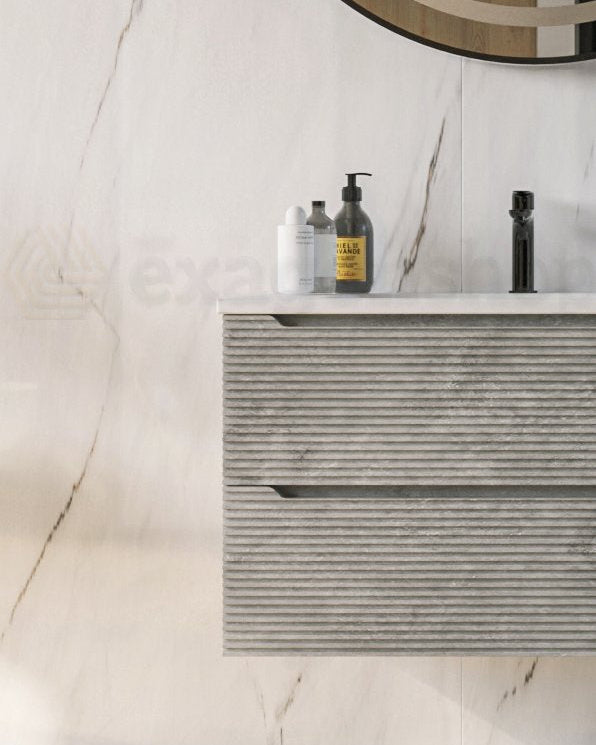 Mobile bagno grigio 80x45 San Marino con lavabo in con lavabo e rubinetteria, vista frontale su sfondo neutro - Exagonshop