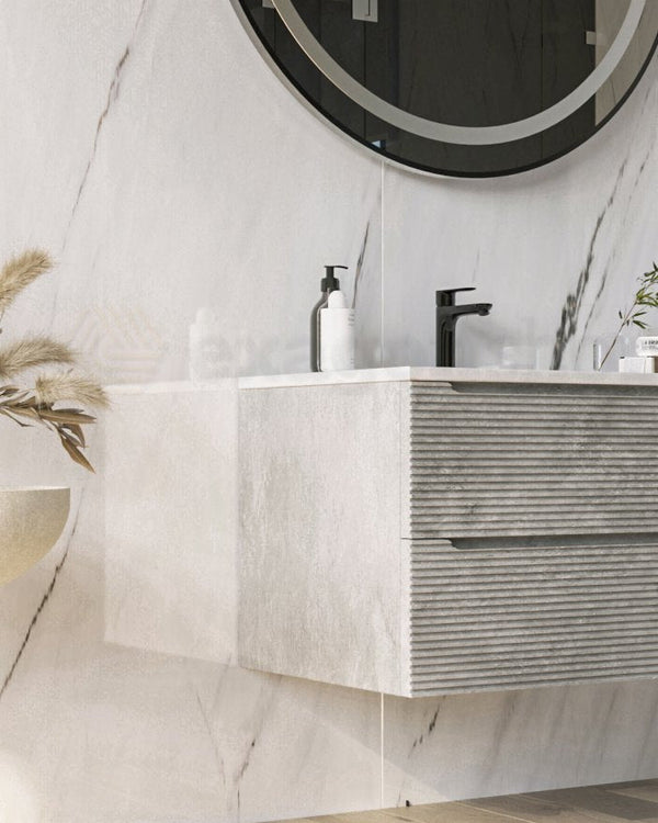 Mobile bagno grigio 80x45 San Marino con lavabo in, dettaglio ravvicinato della finitura e del cassetto - Exagonshop