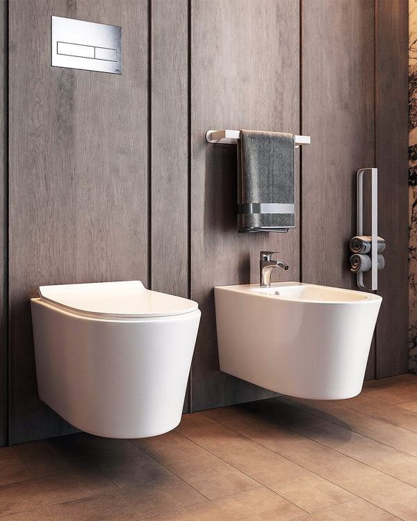Coppia sanitari sospesi rimless in ceramica sedile soft in lucido ambientato su piano bagno con accessori - Exagonshop