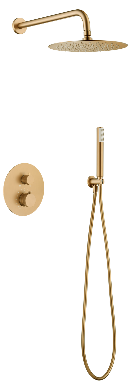 Set doccia termostatico 2 vie da incasso soffione 25 cm oro, componenti inclusi smontati: corpo incasso, placca e rosone...