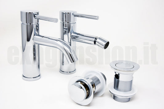 Set miscelatori Lavabo E Bidet con Piletta click clack inox, vista frontale su sfondo bianco - Exagonshop