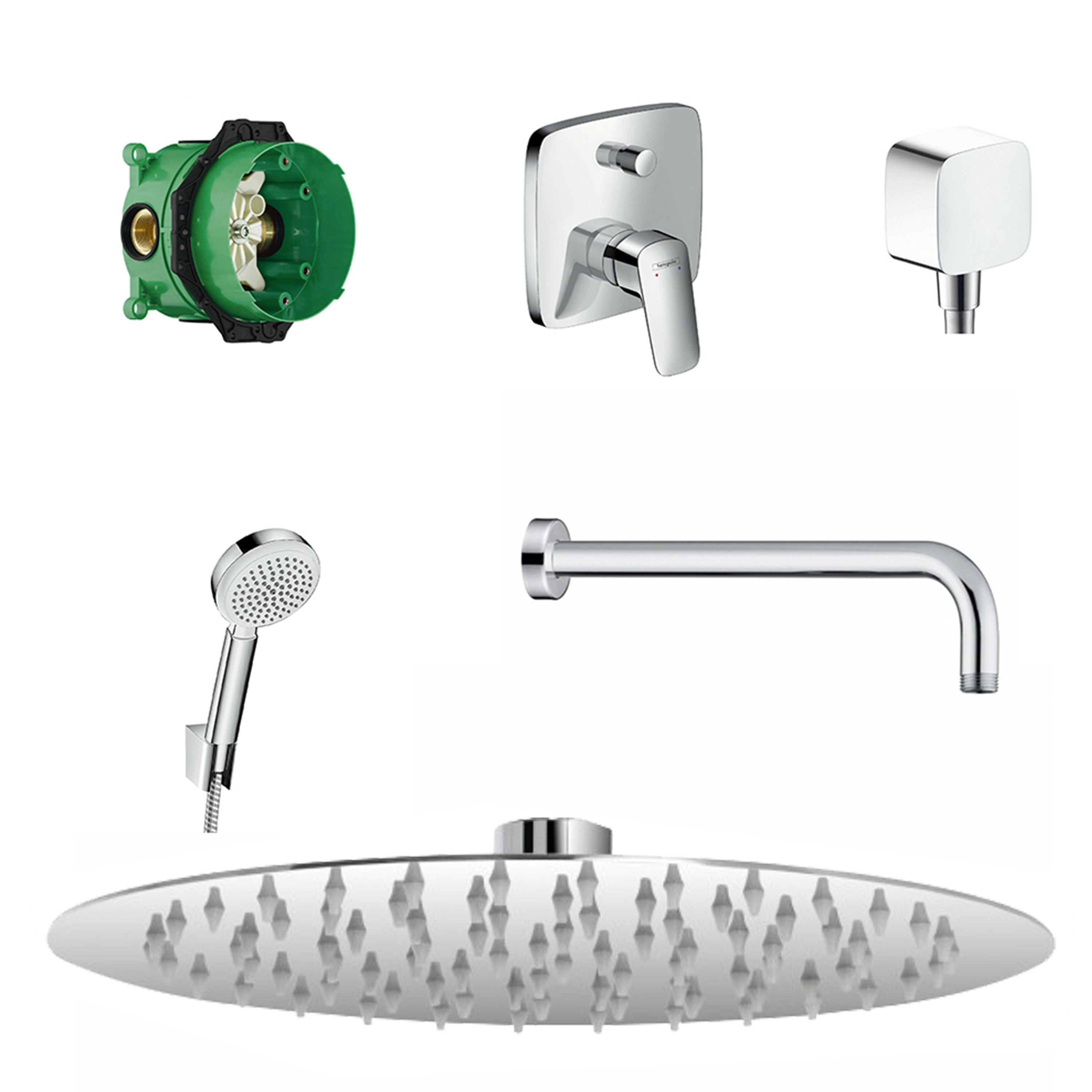 Hansgrohe kit doccia con soffione 30 cm Feridras tondo miscelatore doccetta con flessibile e corpo incasso cromo