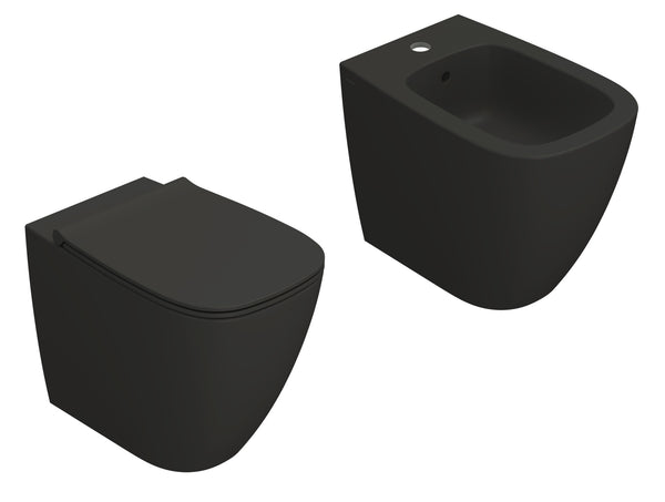 Globo Genesis Coppia Sanitari filoparete Vaso senza brida E Bidet A Pavimento Sedile Rallentato Smoke