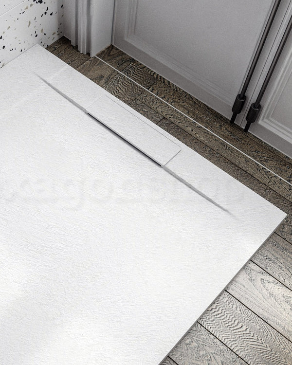 Piatto doccia 80x140 ultrapiatto effetto pietra in resina, vista laterale dello spessore e del bordo - Exagonshop